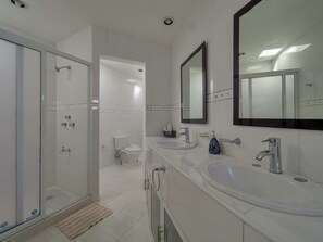 Hair dryer, towels, soap