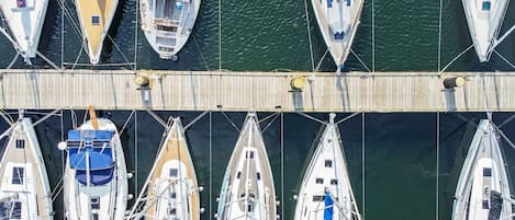 Un port de plaisance où sont amarrés plusieurs voiliers, le long d’une jetée en bois.