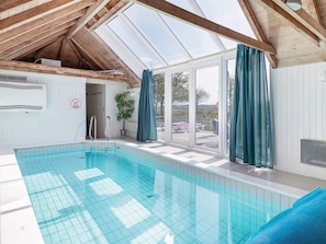 A swimming pool with a glass ceiling, a potted plant, and a view of the outdoors. - 4 Star Holiday Home in Fjerritslev (Fjerritslev)