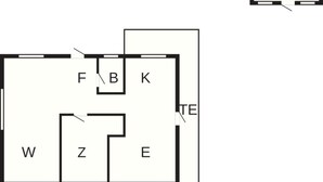 Plano de planta de una habitación de hotel con secciones identificadas con las letras W, Z, E, F, B, K, TE y AN.