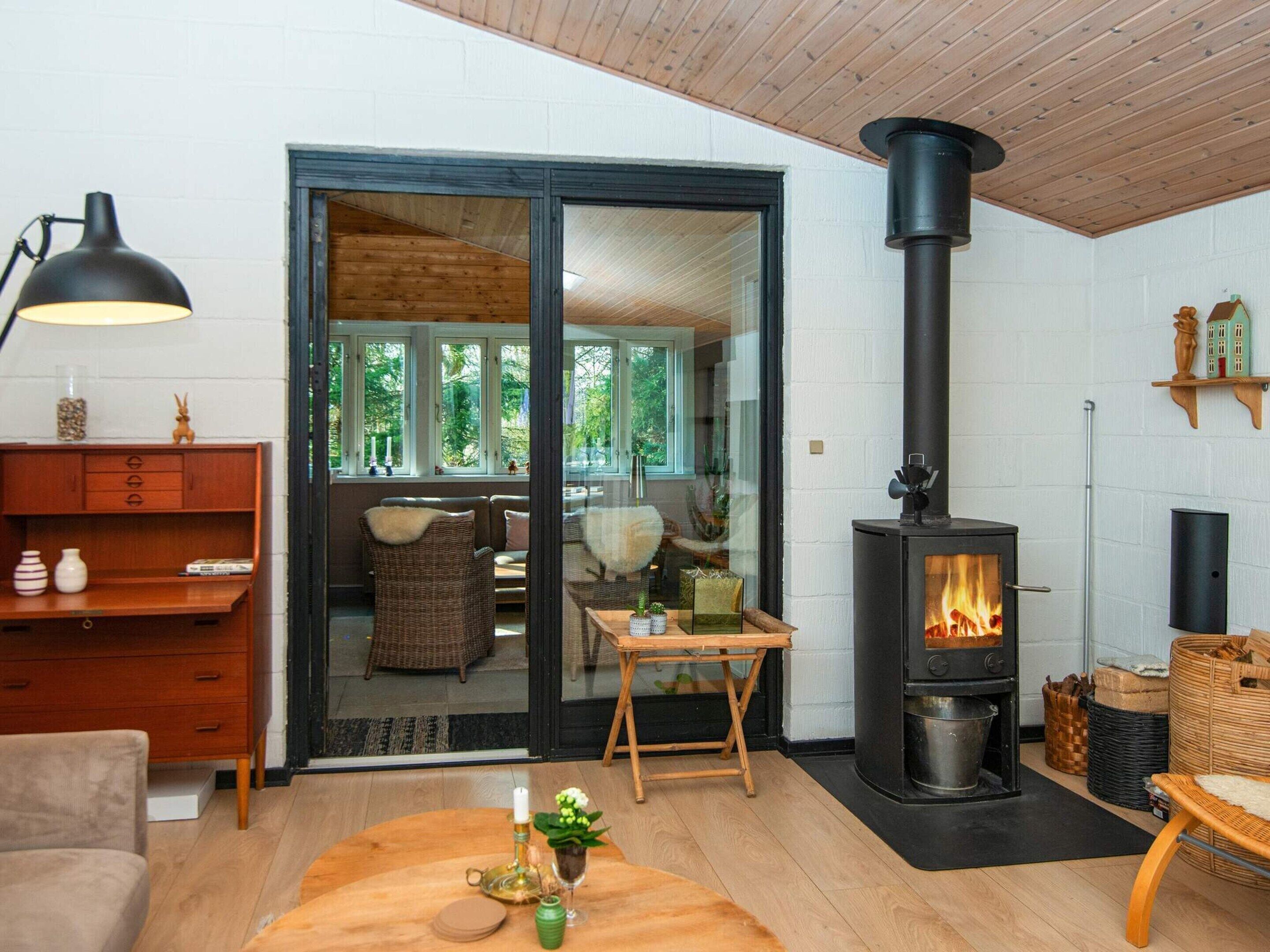A cozy living room with a fireplace, wooden furniture, and a view through a glass door.
