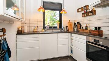 A modern kitchen with white cabinets, a Bosch oven, a window with a view, and pendant lights.