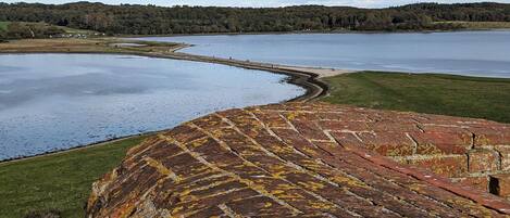 Paisaje costero con una estructura curva de ladrillo, una masa de agua y una colina boscosa al fondo.