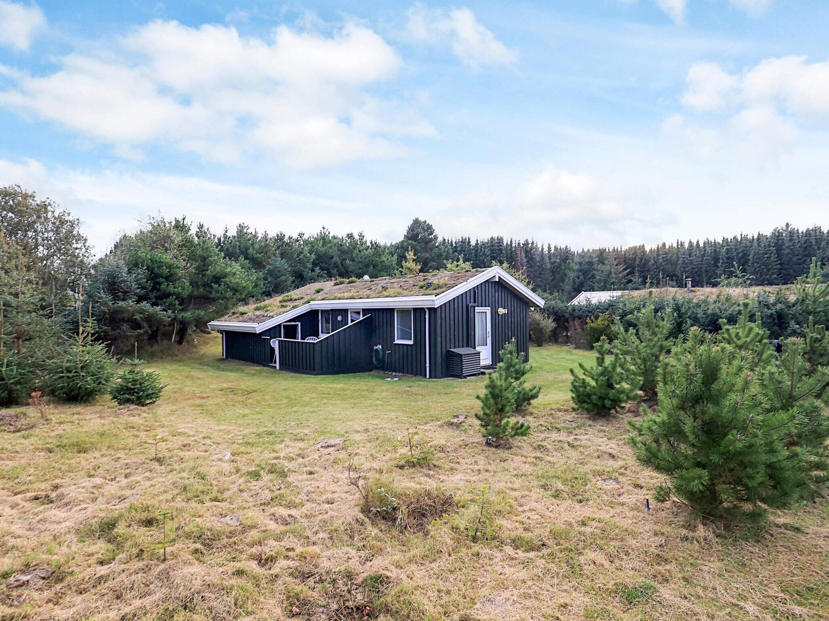 A single-story building with a sloped roof, surrounded by a grassy field and dense forest.
