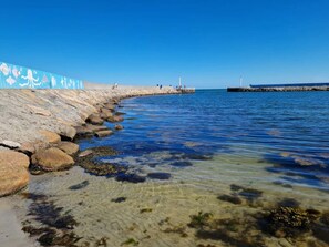 A coastal walkway with clear water, rocks, and a pier.