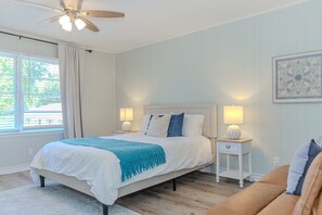 2 bedrooms, memory-foam beds, blackout curtains, iron/ironing board