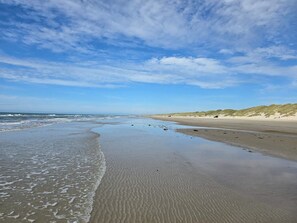 A beach with waves, a sandy shore, and dunes in the background.