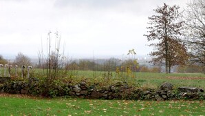 A stone wall with a grassy field and trees in the background. - 4 Person Holiday Home in Everod (Everöd)