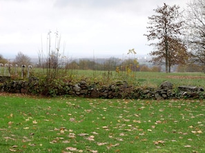 A stone wall with a grassy field and trees in the background. - 4 Person Holiday Home in Everod (Everöd)