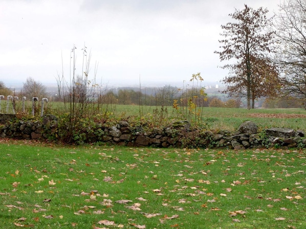 A stone wall with a grassy field and trees in the background. - 4 Person Holiday Home in Everod (Everöd)