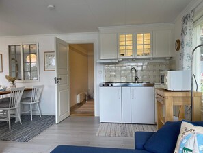 A compact living space with a kitchenette, a dining area with a table and chairs, and a sofa.