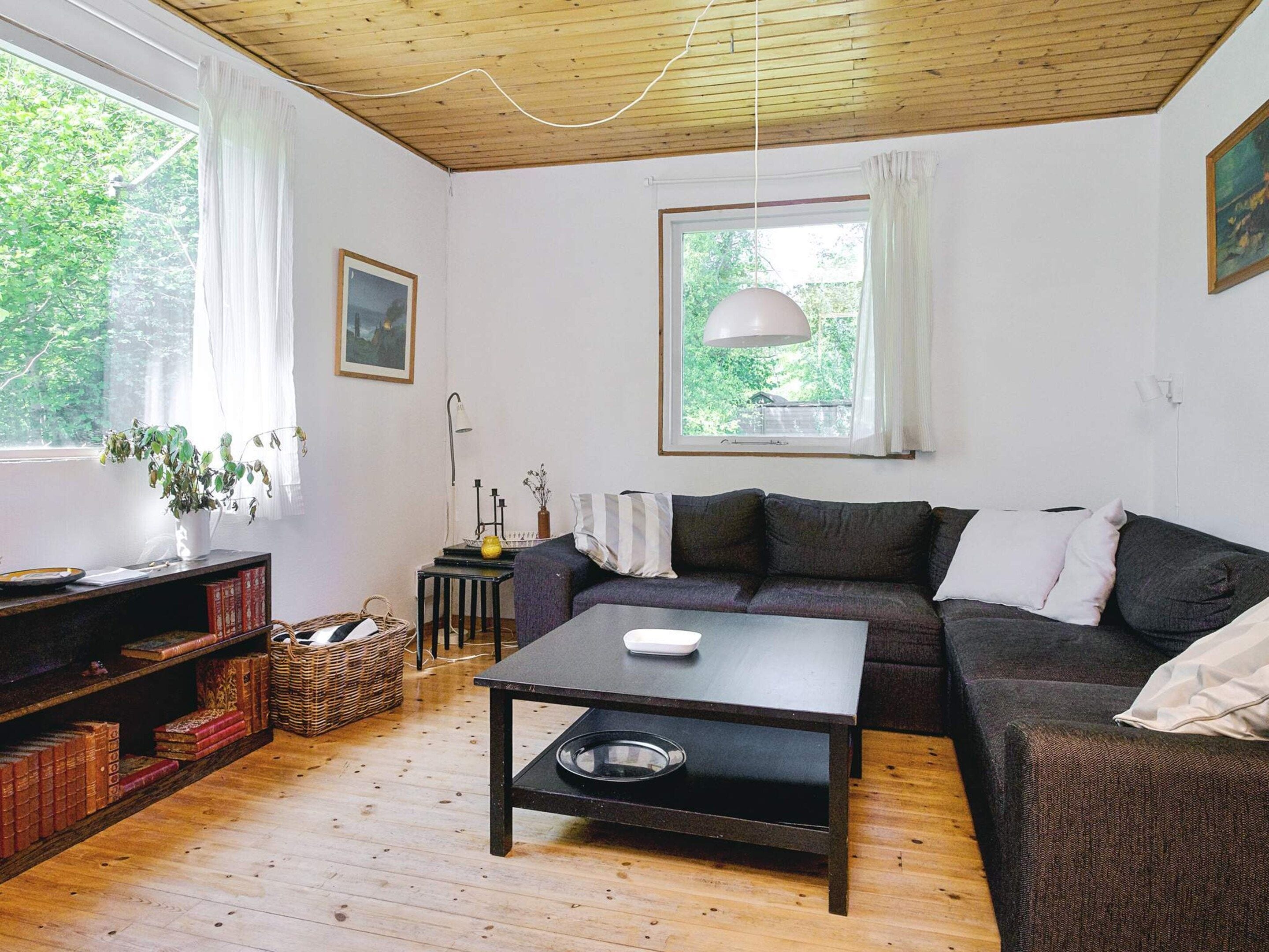 A cozy living room with a dark sofa, a coffee table, a bookshelf, and a window with a view of greenery.