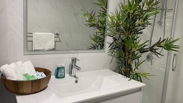 Shower, hair dryer, towels, soap