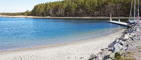 A clear lake with a rocky shoreline and a dock extending into the water.