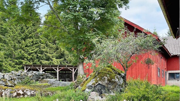 Et rødt ladebyggeri med en trækonstruktion i n ærheden, omgivet af grøn vegetation og blomster.