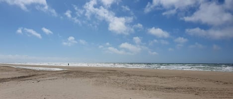 A beach with a clear sky and ocean.