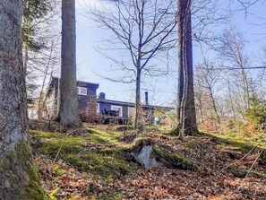 A forested area with a building featuring large windows and a chimney. - 4 Person Holiday Home in Aars (Aars)