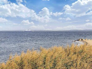 Un paisaje costero con un ferry a lo lejos, una playa arenosa y pastizales secos en primer plano.