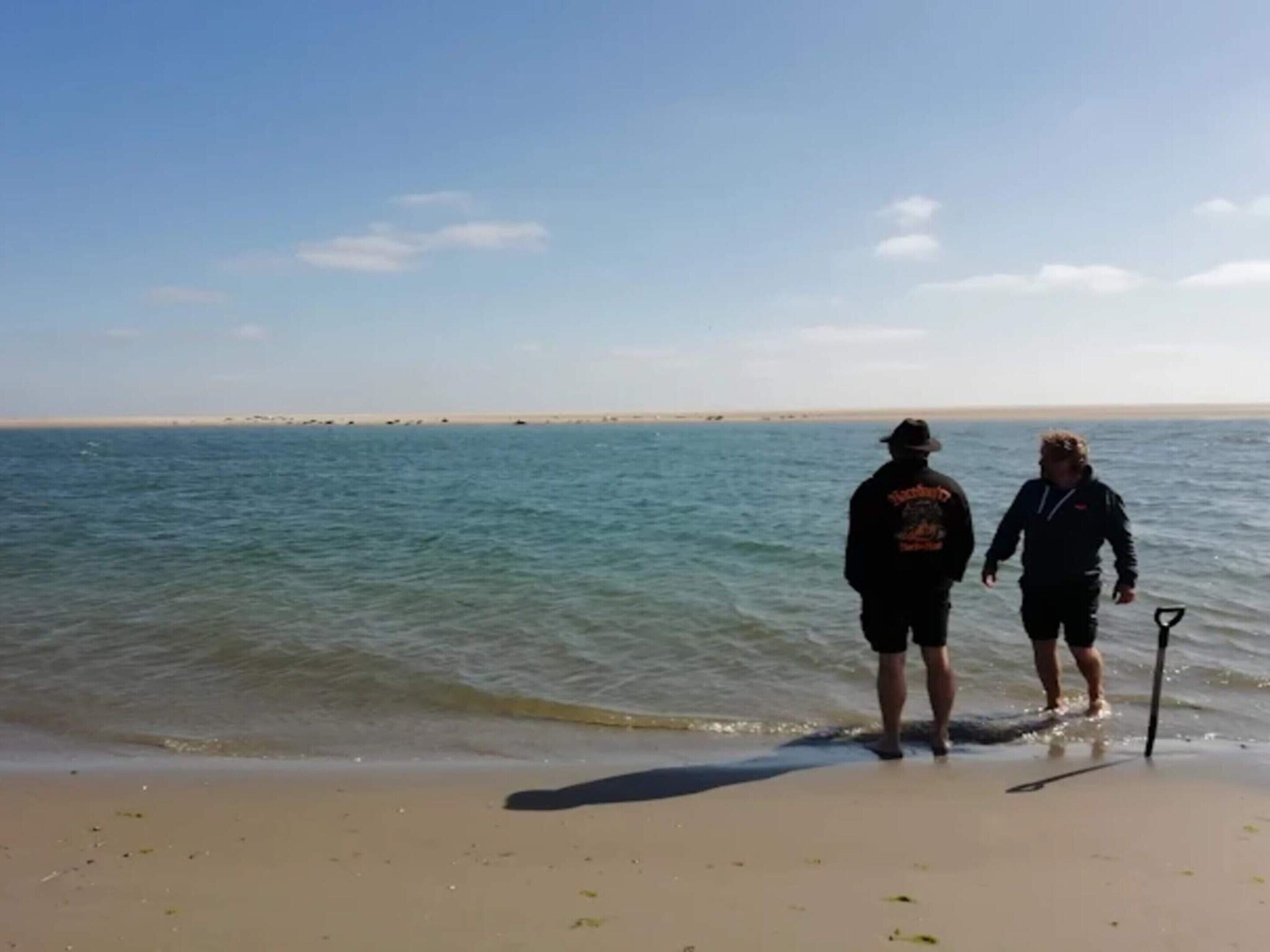 Deux personnes se promènent sur une plage de sable, avec la mer en arrière-plan.