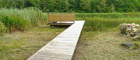 Une jetée en bois menant à un banc situé au bord d’une étendue d’eau, le tout entouré d’herbe et d’arbres.