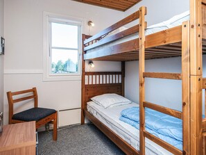 Une chambre avec un lit superposé, un bureau et une chaise, une fenêtre et un radiateur.