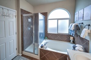 Hair dryer, towels, soap, shampoo