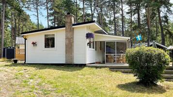 A single-story cabin with a covered porch, a chimney, and a Swedish flag.