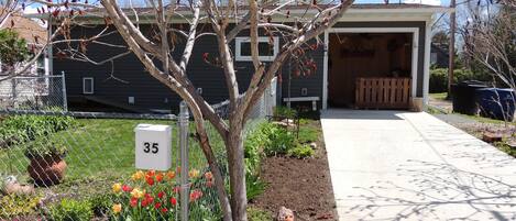 Il s’agit d’une propriété résidentielle dotée d’un jardin clôturé, d’une boîte aux lettres et d’une allée menant à un garage.