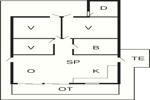 Ein Grundriss mit beschrifteten Räumen V, B, SP, O, K, D, TE und OT.