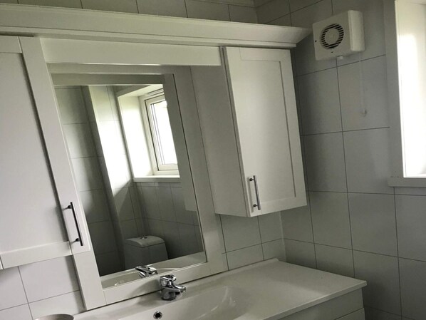 A bathroom with a white sink, a mirror, and a window.