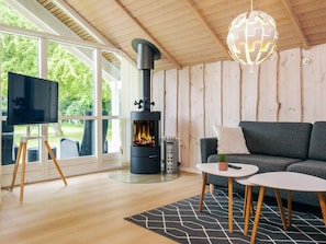 A modern living room with a wood-burning stove, a television on a tripod, and a cozy sofa.