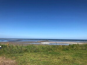 A beach with a clear sky, grassy foreground, and a calm sea. - 4 Star Holiday Home in Asaa (Asaa)