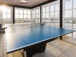 Una mesa de ping pong en una habitación con ventanas amplias y vistas a un paisaje nevado.