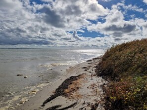 A beach with a grassy embankment and a cloudy sky.