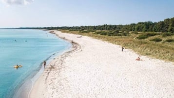 Una playa con agua turquesa cristalina, orilla arenosa y una hilera de árboles a lo lejos.