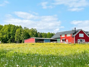 A red barn with a green roof, surrounded by a field of yellow flowers. - 8 Person Holiday Home in Bralanda (Bralanda)