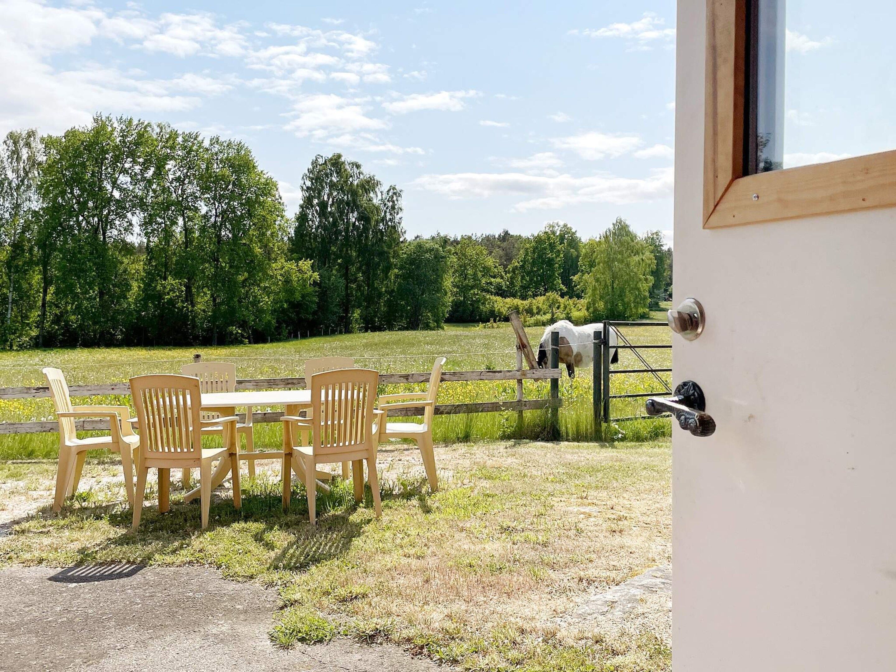 An outdoor seating area with a table and chairs, a wooden fence, and a horse grazing in the background.