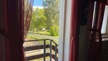 A view from a room with a window, a metal railing, and a door.