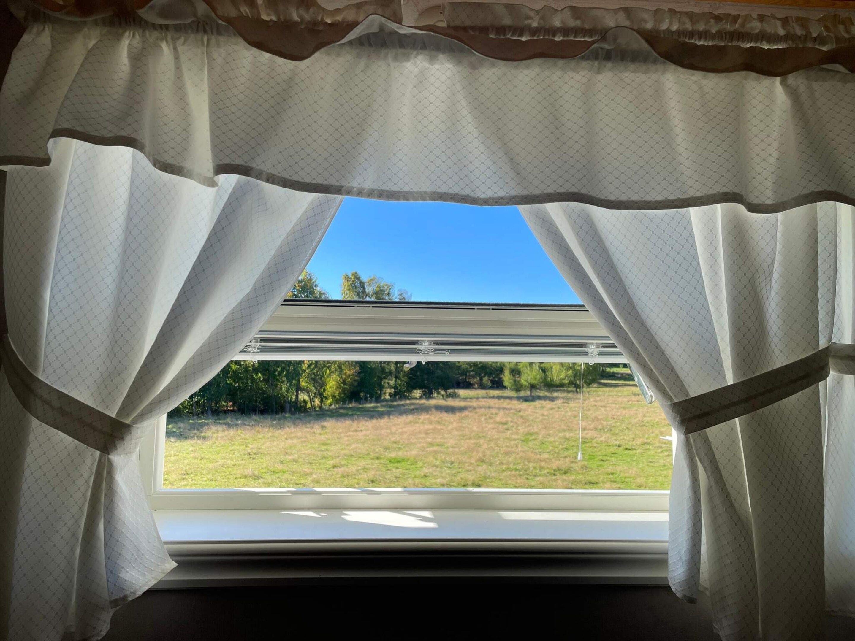 A window with white curtains and a view of a grassy field and trees.