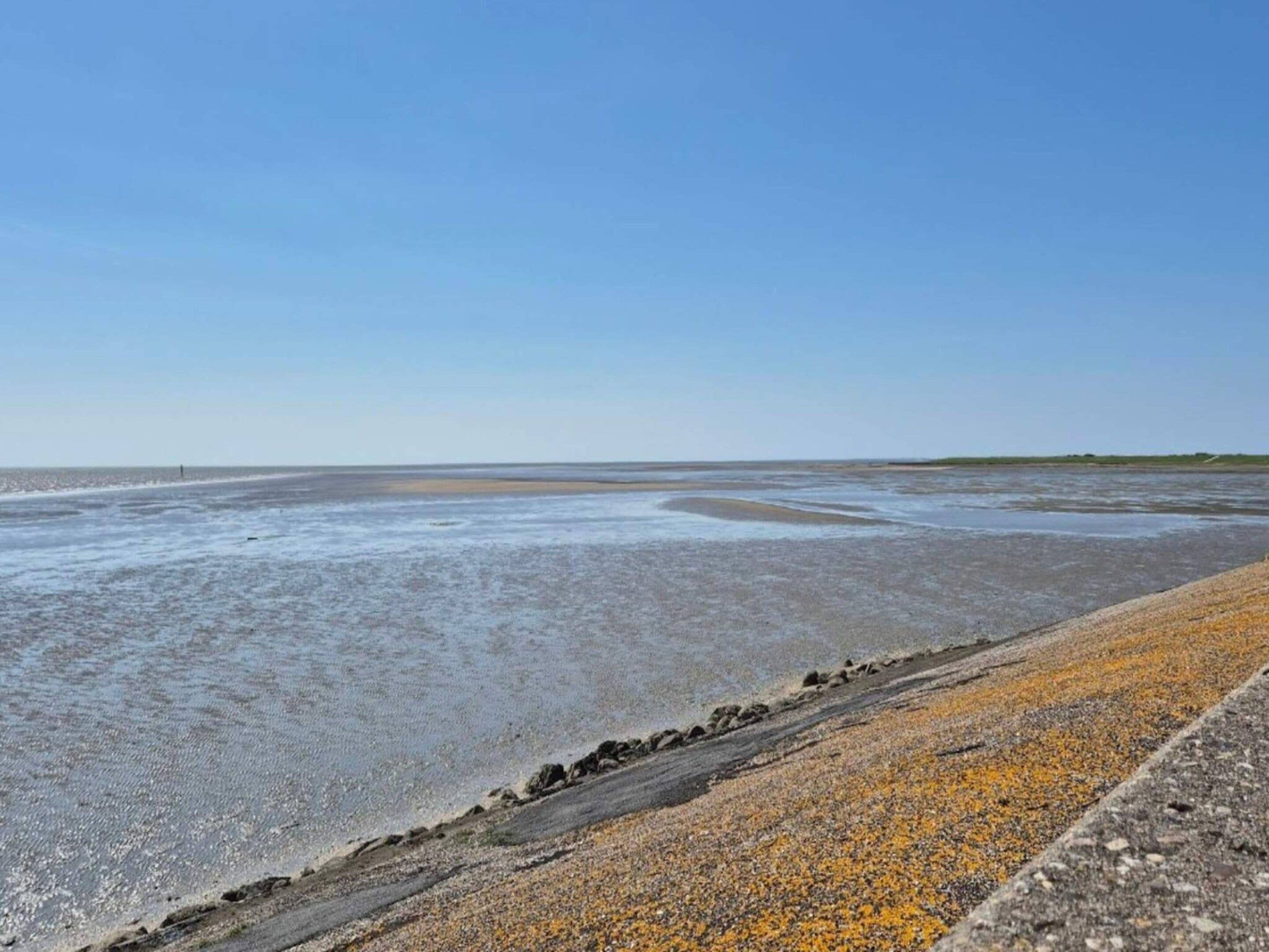 A coastal landscape with a wide sandy beach and a clear sky.
