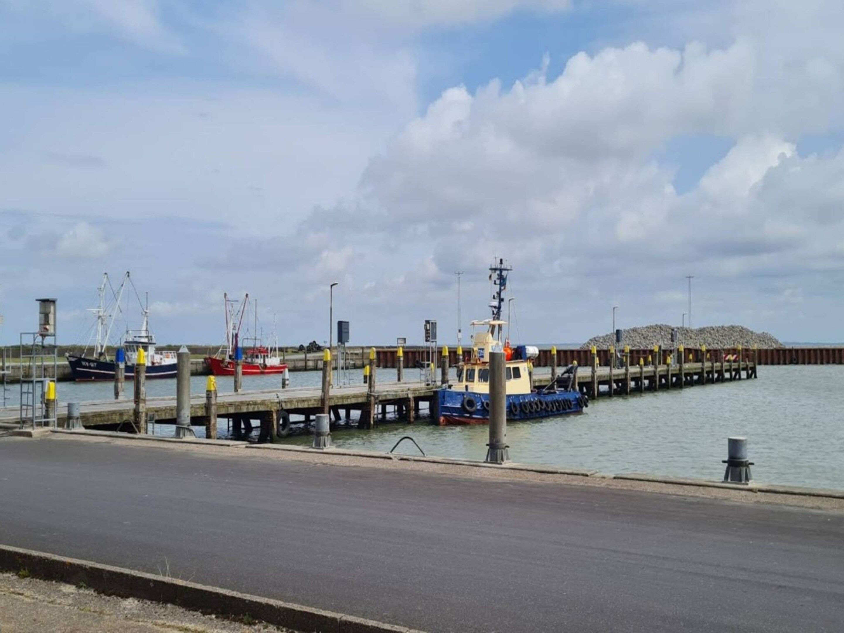 A waterfront dock with boats, a pier extending into the water, and a rocky outcrop in the background.