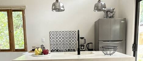 Fridge, oven, stovetop, coffee/tea maker