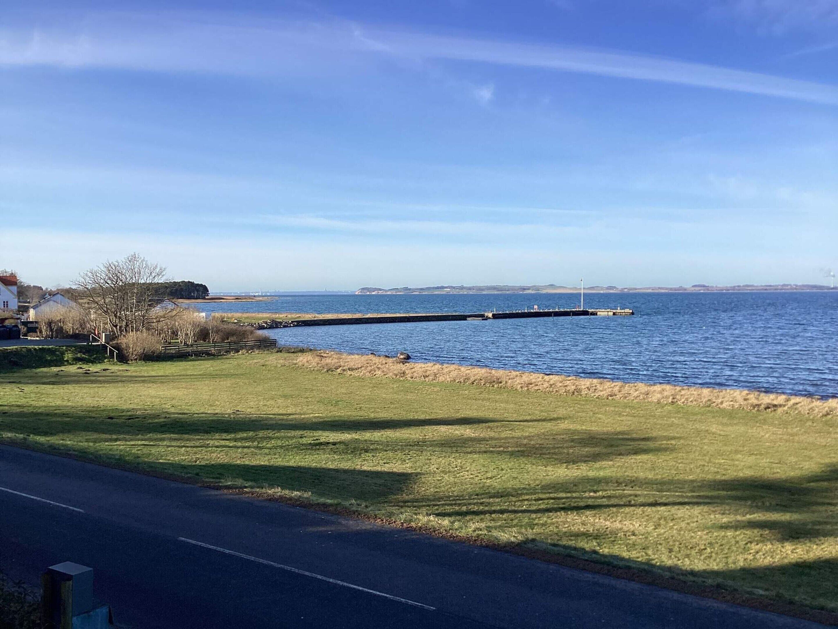 A coastal road with a grassy area and a body of water.