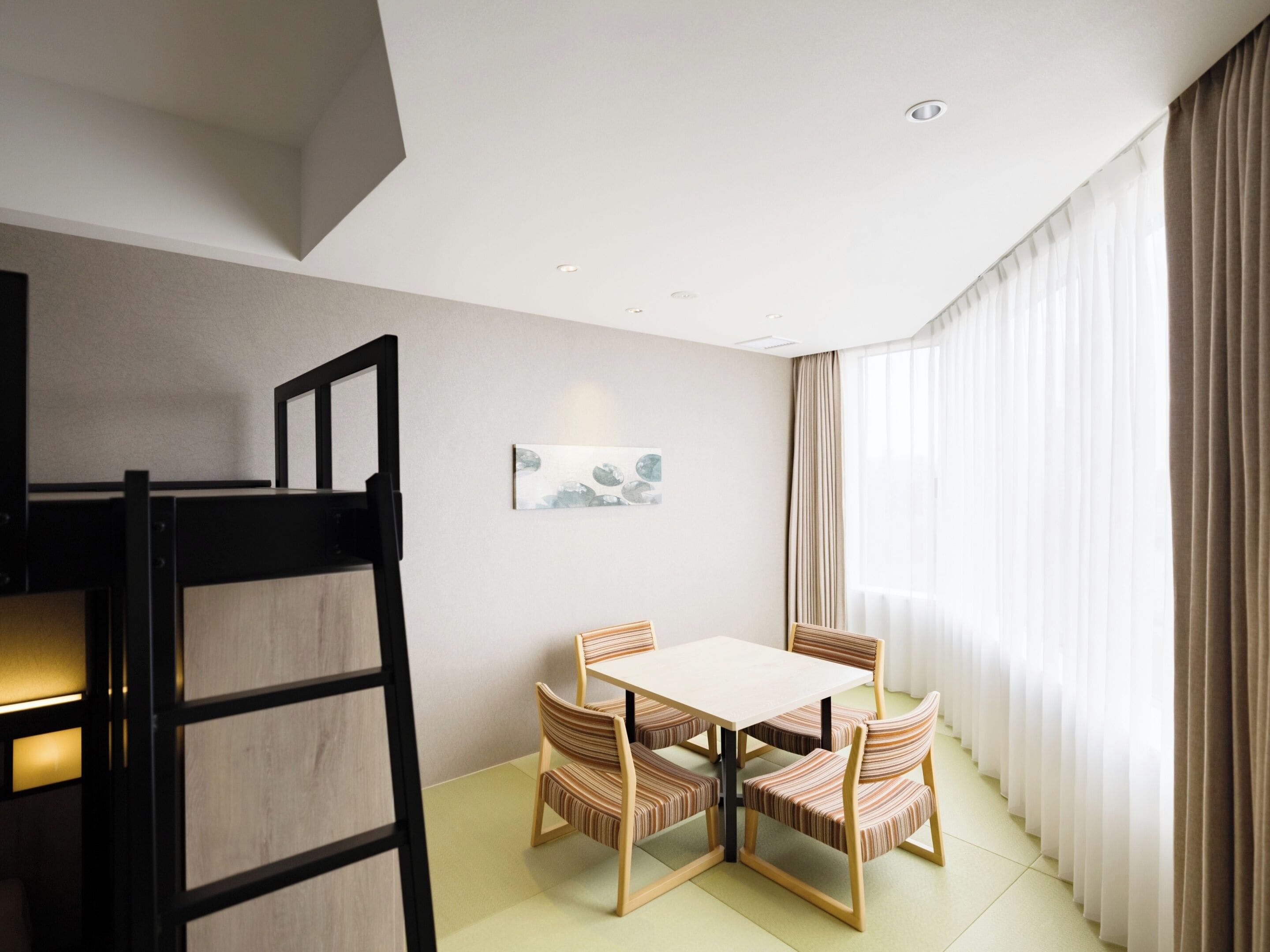 A modern room with a bunk bed, a dining table with chairs, a painting on the wall, and a large window with curtains.