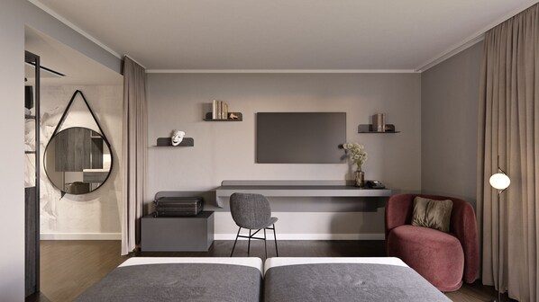 Un dormitorio moderno con cama, escritorio, silla y un espejo grande.