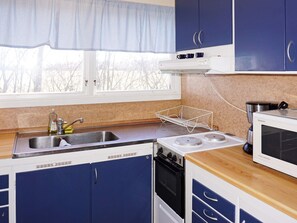 A kitchen with a double sink, a stove, and cabinets.