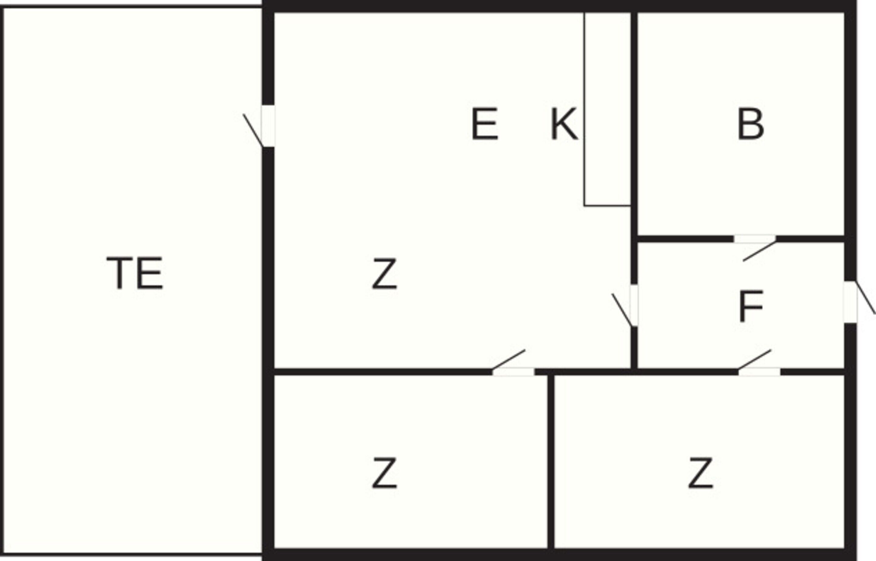 Un plan d’étage indiquant les différentes pièces, identifiées par les lettres suivantes : TE, Z, B, E, K et F.