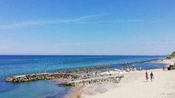 A beach with a rocky breakwater, clear blue water, and a few people walking along the shore.