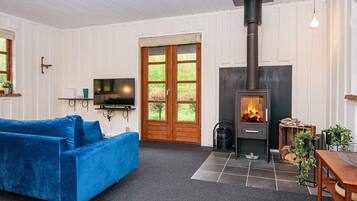 A cozy living room with a blue sofa, a television, a fireplace, and a large window.