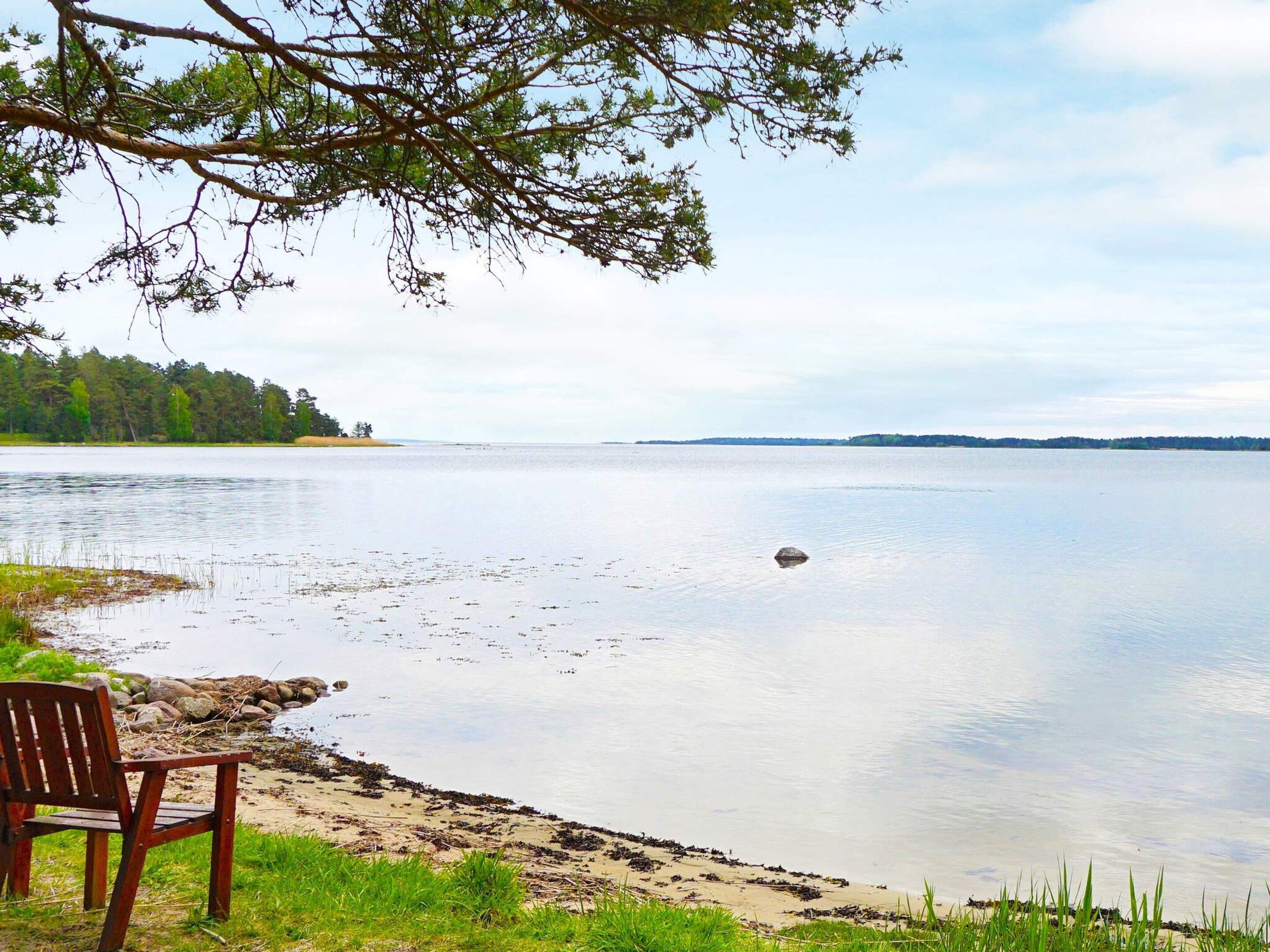 Une vue sur le lac, avec un banc en bois et une étendue d’eau paisible.